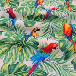 Tkanina na metry w kolorowe papugi/ ptaki na zielonych liściach - Agafirany sklep internetowy